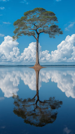 Tree reflected in the lake with clouds in the background, 3d illustrationの素材