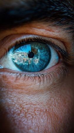 Close-up of human eye with cityscape in the background.の素材