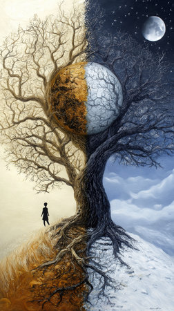 Conceptual image with a man standing next to a tree and a full moonの素材