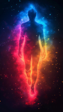 Conceptual human or man body shape made of colorful smoke and fire backgroundの素材