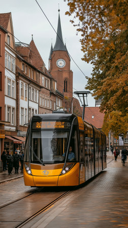 Yellow tram in Rothenburg ob der Tauber, Germany.の素材