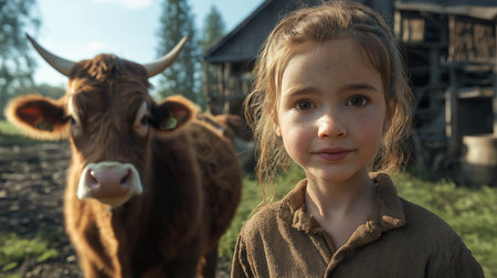 Portrait of a little girl on the background of a herd of cowsの素材