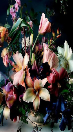 Bouquet of lilies in a vase on a dark backgroundの素材