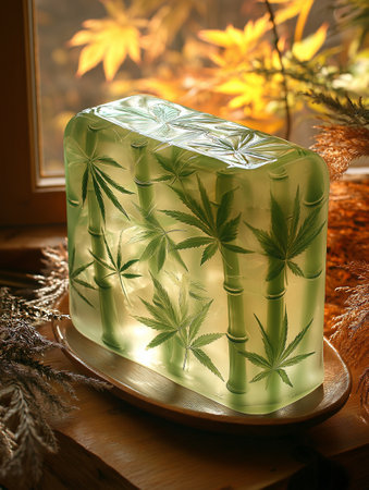 Glass box with cannabis leaf on a wooden table with a window backgroundの素材