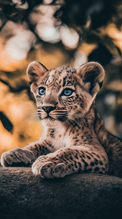 Close up of a lion cub lying on a rock looking at the cameraの素材