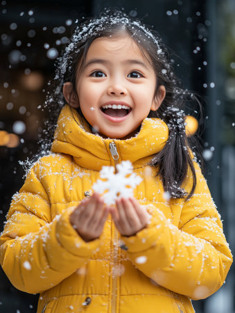 Little asian girl holding snowflakes in her hands and smilingの素材