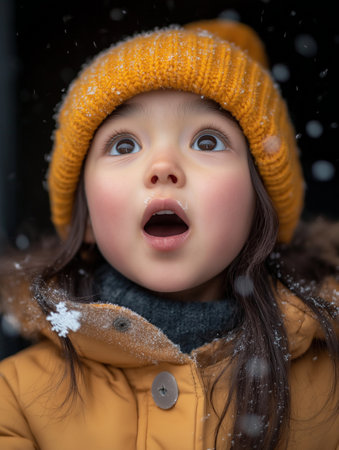 Cute little girl in yellow hat and coat with snowflakes in winterの素材