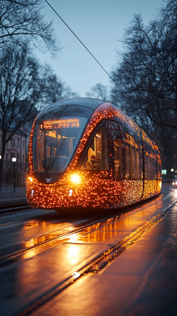 Modern tram on the street at night. Trams in the city.の素材