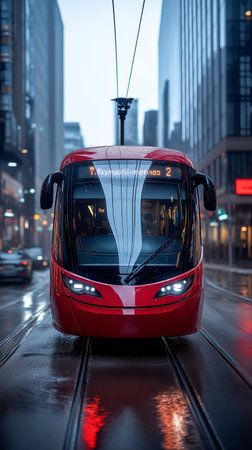 Modern red tram in the city at night. Shanghai, China.の素材