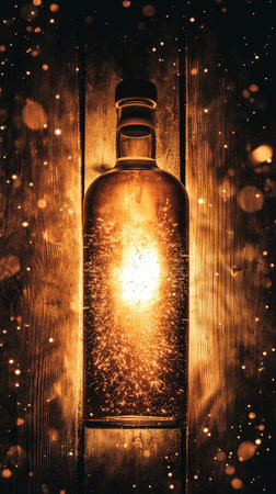 A bottle of vodka on a wooden background with snowflakes.の素材