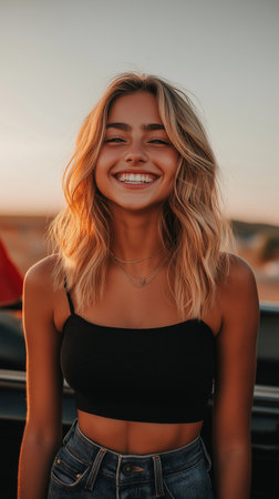 Portrait of a beautiful young woman on the background of the sunset.の素材