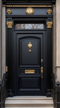Black entrance door with gold ornament. Entrance to the house.の素材