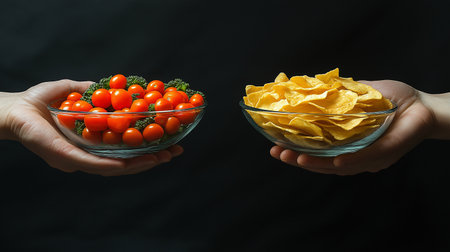 Two hands holding a bowl of fresh tomatoes and chips on black backgroundの素材