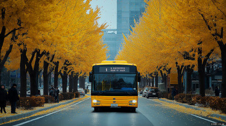 Bus on the road with yellow ginkgo trees in the backgroundの素材