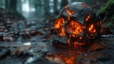 Skull in the forest. Halloween concept. 3D Renderingの素材