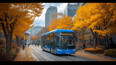 Autumn cityscape with yellow ginkgo trees and blue bus in the foregroundの素材