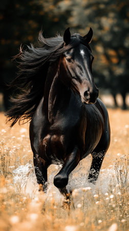 Beautiful black stallion running in the field of wildflowersの素材