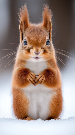 Red squirrel in the winter forest. Animal in the winter forest.の素材