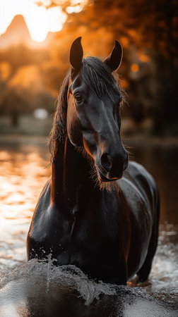 Portrait of a black stallion in the river at sunset.の素材