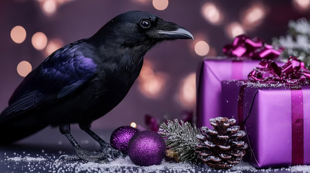 Black crow with christmas decoration on the background of bokehの素材