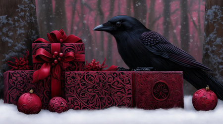 Christmas card with black crow and red gift boxes in the snow.の素材