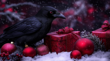 Christmas card with a black crow on a background of red Christmas decorationsの素材