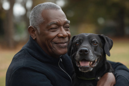 Portrait Of Senior Man With Black Labrador Retriever In Parkの素材