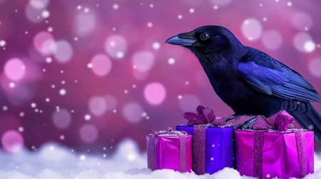 Christmas card with a black crow on a background of purple gift boxesの素材