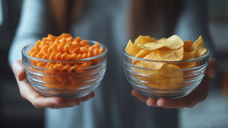 Woman holding bowl with tasty potato chips, closeup. Snackの素材