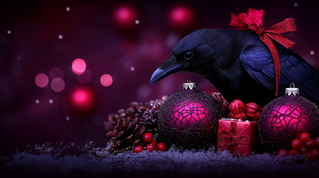 Christmas card with a black crow and red christmas baublesの素材