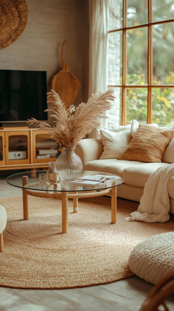 Cozy living room interior with round coffee table, sofa and armchairの素材