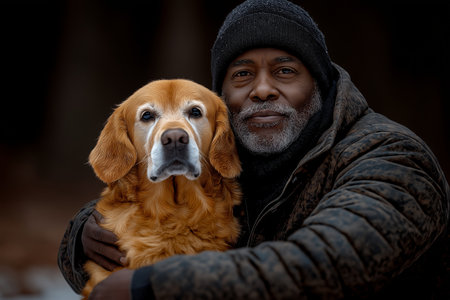 Portrait of an African American man with a dog in his arms.の素材