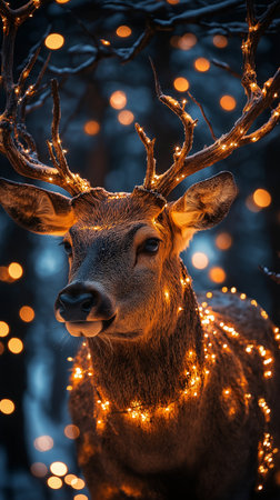 Close-up of a deer with christmas lights in the forestの素材
