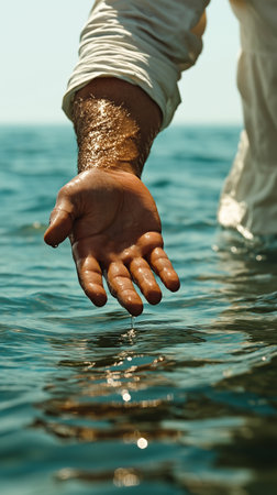 Hands of a young man holding a drop of water in the seaの素材