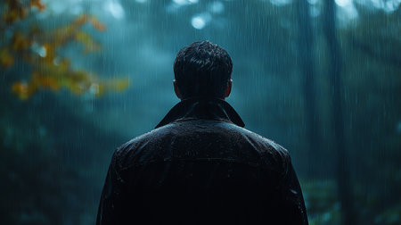 Rear view of a man standing in the rain in the forestの素材