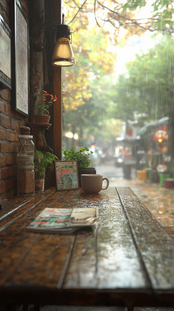 Coffee cup and newspaper on wooden table in coffee shop.の素材