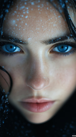 Close-up portrait of a beautiful girl with blue eyes and black hair.の素材