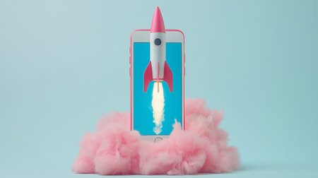 Rocket with pink cloud on blue background. 3d illustration. Startup concept.の素材