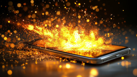 Mobile phone with fire on the screen and bokeh light backgroundの素材