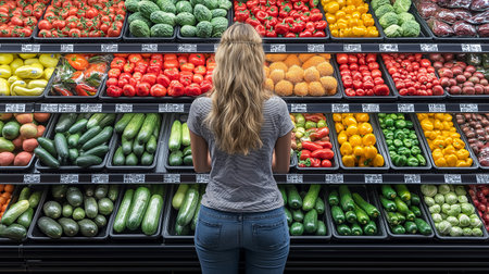 Rear view of young woman looking at fresh vegetables in the supermarketの素材