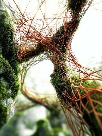 3d rendering of abstract technology concept with tree branches and green mossの素材