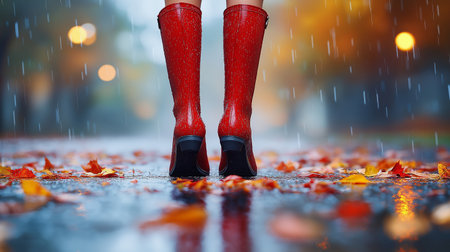 Close up of female legs in red boots and high heels standing on wet asphalt with autumn leaves under rainの素材