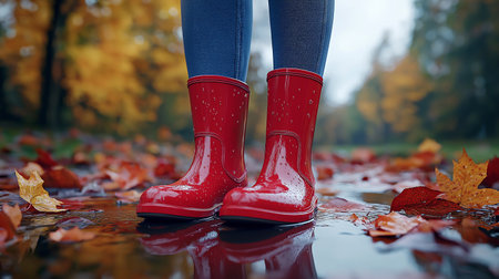 Female legs in red rubber boots standing in puddle with autumn leaves.の素材