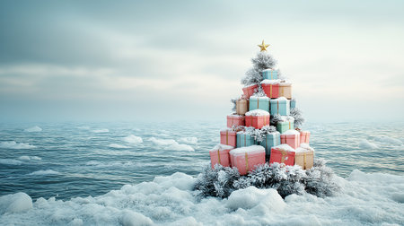 Christmas tree made of gift boxes on the sea coast. 3d renderの素材