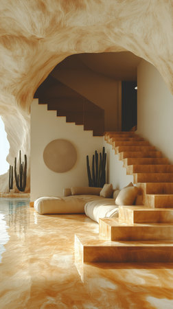 Interior of modern living room with white walls, concrete floor, comfortable sofa and wooden stairs. 3d renderingの素材