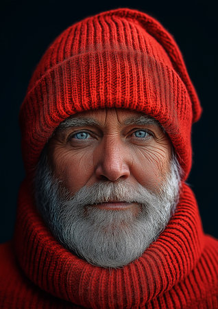 Portrait of a senior man in a red knitted hat.の素材