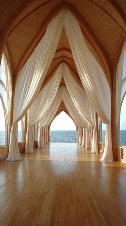 interior of a hotel room with a beautiful view on the seaの素材