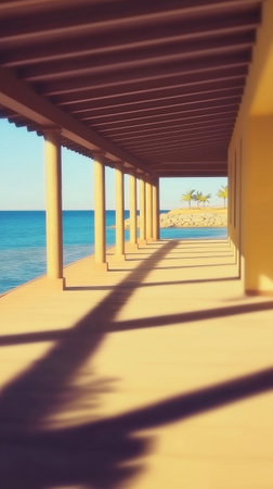 Sunlight and shadows on the walkway to the beach in Egyptの素材