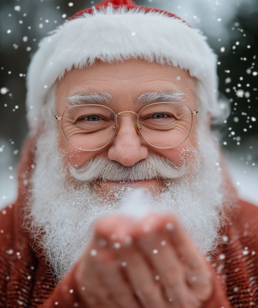 Close-up portrait of a senior man in a red sweater and Santa Claus hat blowing snow.の素材