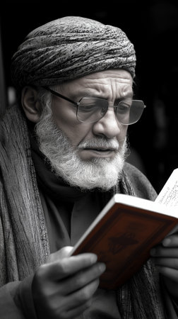 A portrait of an old man reading a book in black and whiteの素材